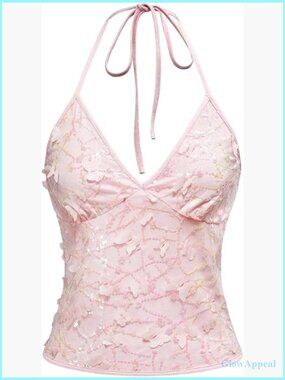 Sequin Halter Crop Top with 3D Butterfly Glitter Y2K Party Club